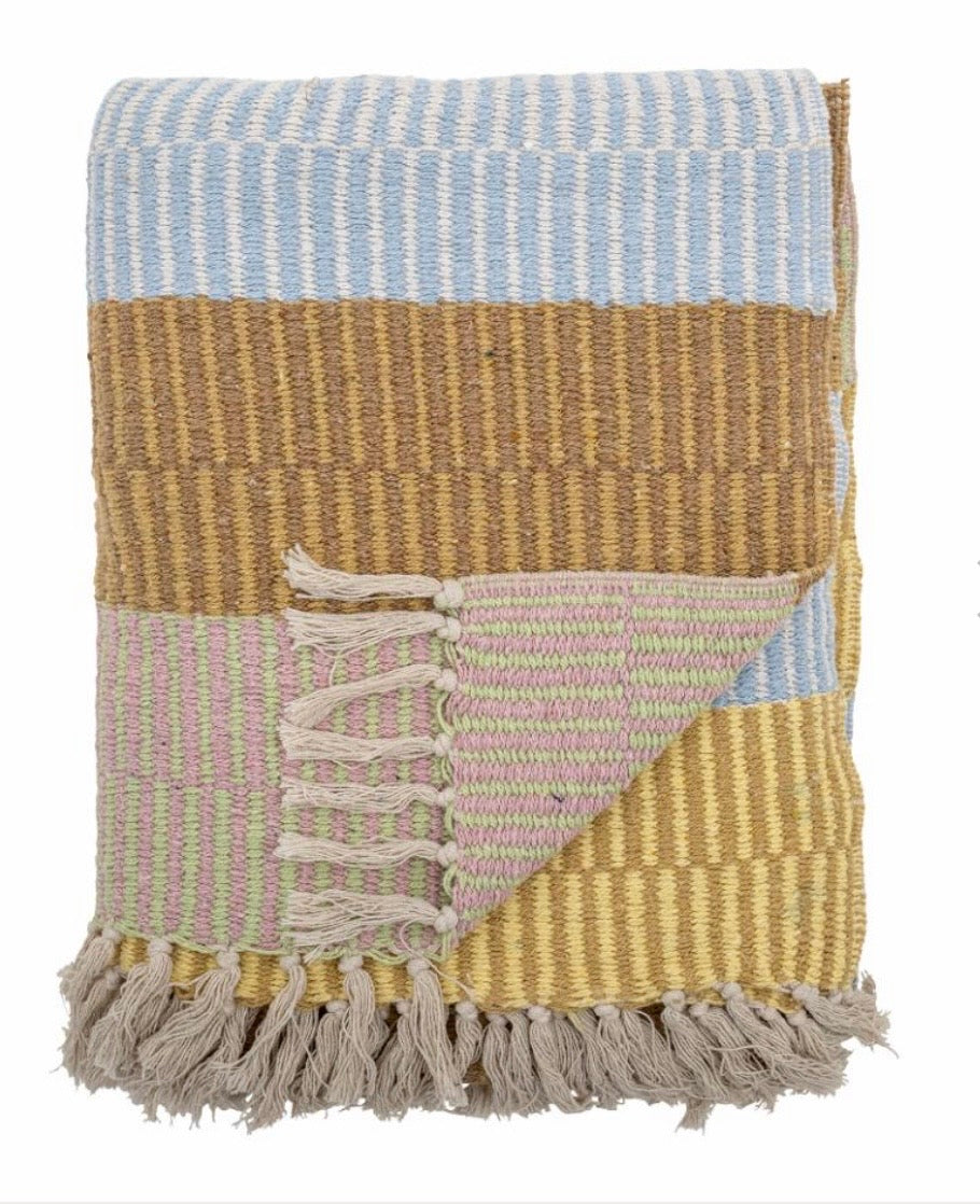 Plaid, Lyseblå, beige, brun og gul. Genanvendt Bomuld