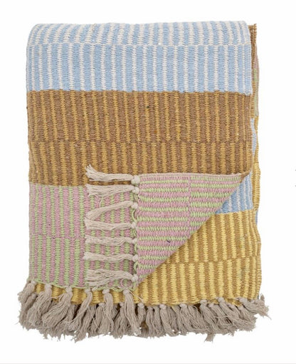 Plaid, Lyseblå, beige, brun og gul. Genanvendt Bomuld