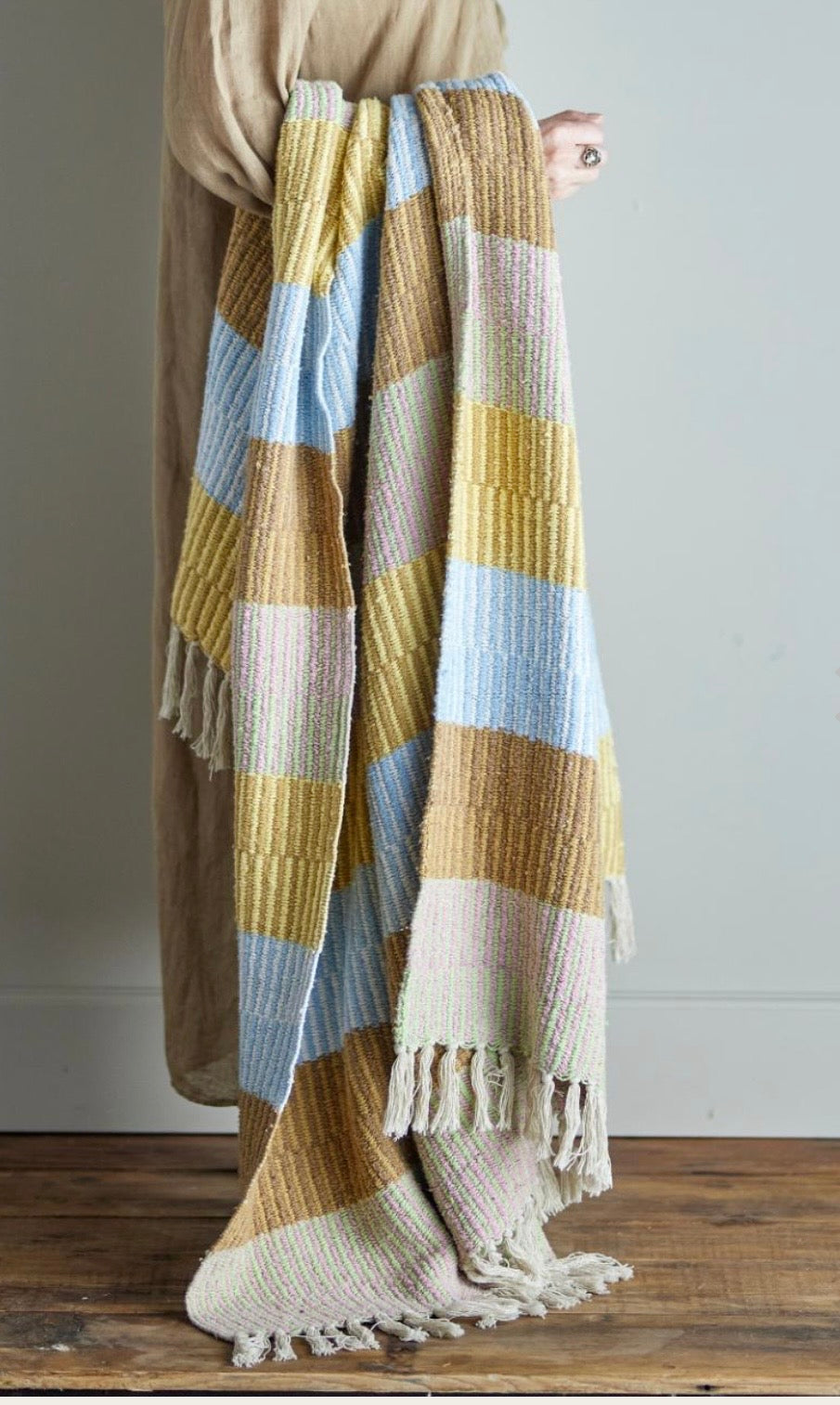 Plaid, Lyseblå, beige, brun og gul. Genanvendt Bomuld