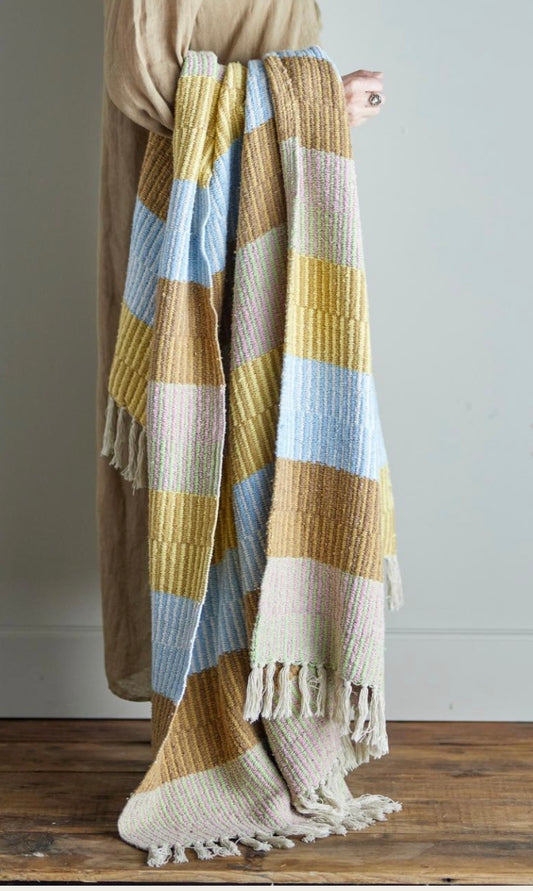 Plaid, Lyseblå, beige, brun og gul. Genanvendt Bomuld